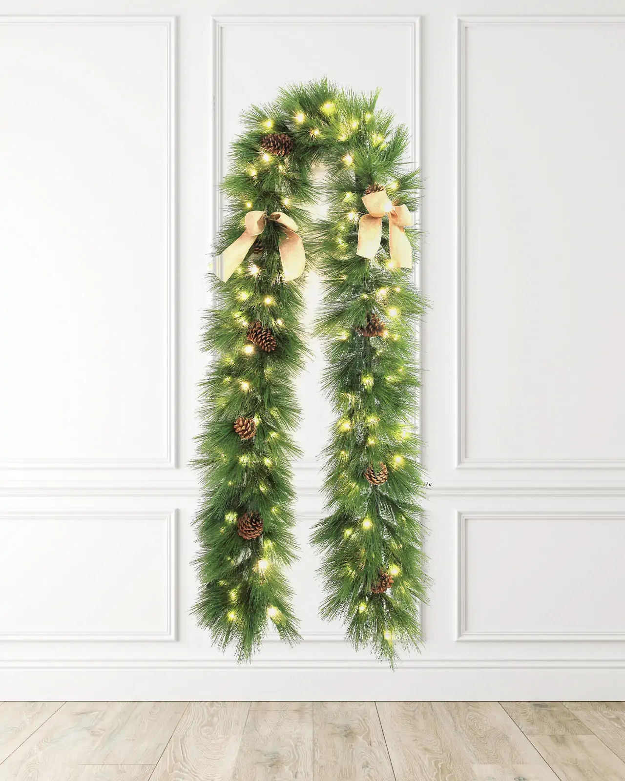Pre-Lit Green Pine Garland w/ Pinecones& Bows