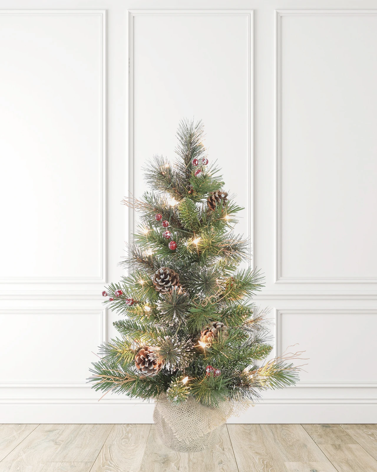 Pre-Lit Frosted Table Top Burlap Tree w/ Pinecones& Red Berries