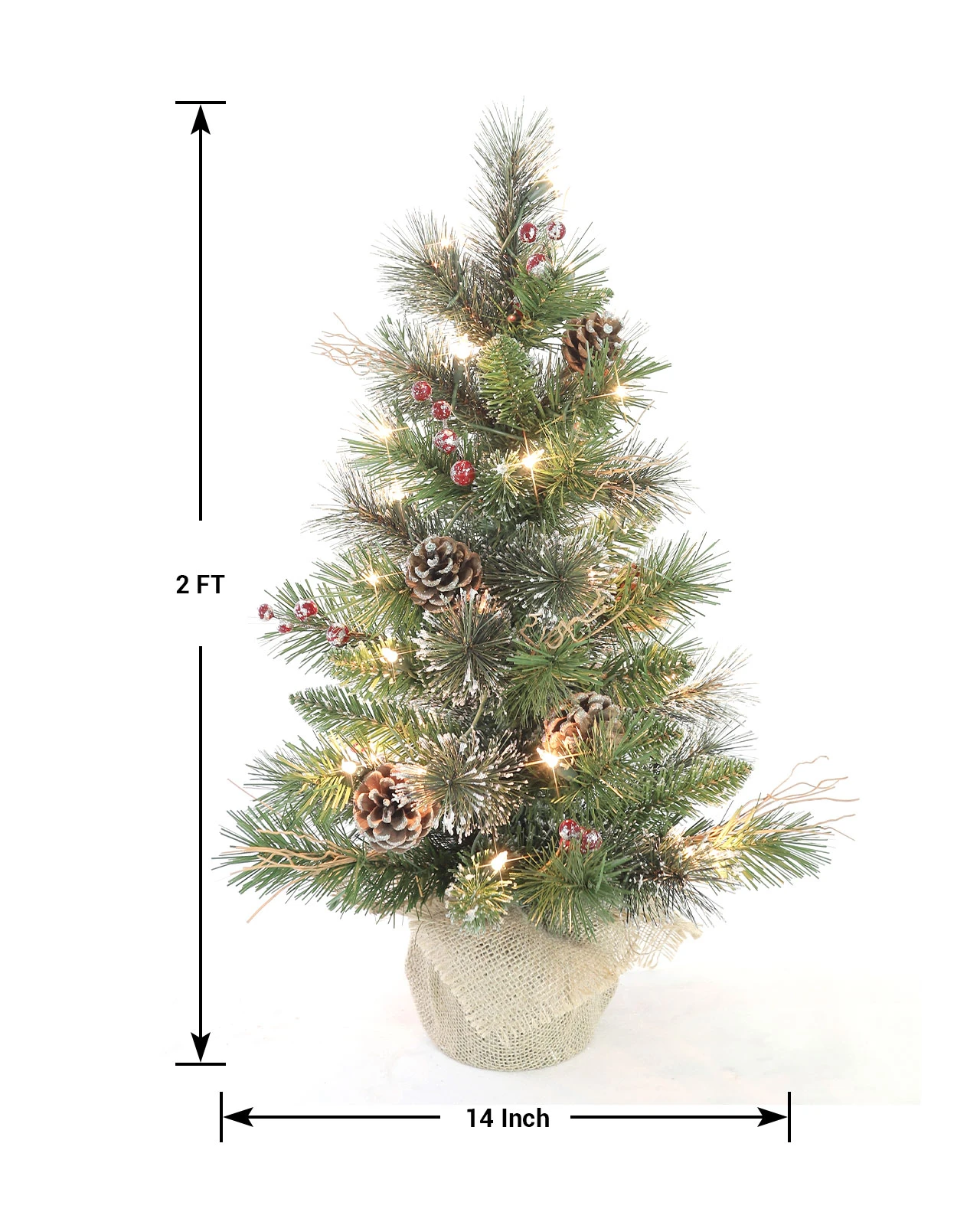 Pre-Lit Frosted Table Top Burlap Tree w/ Pinecones& Red Berries