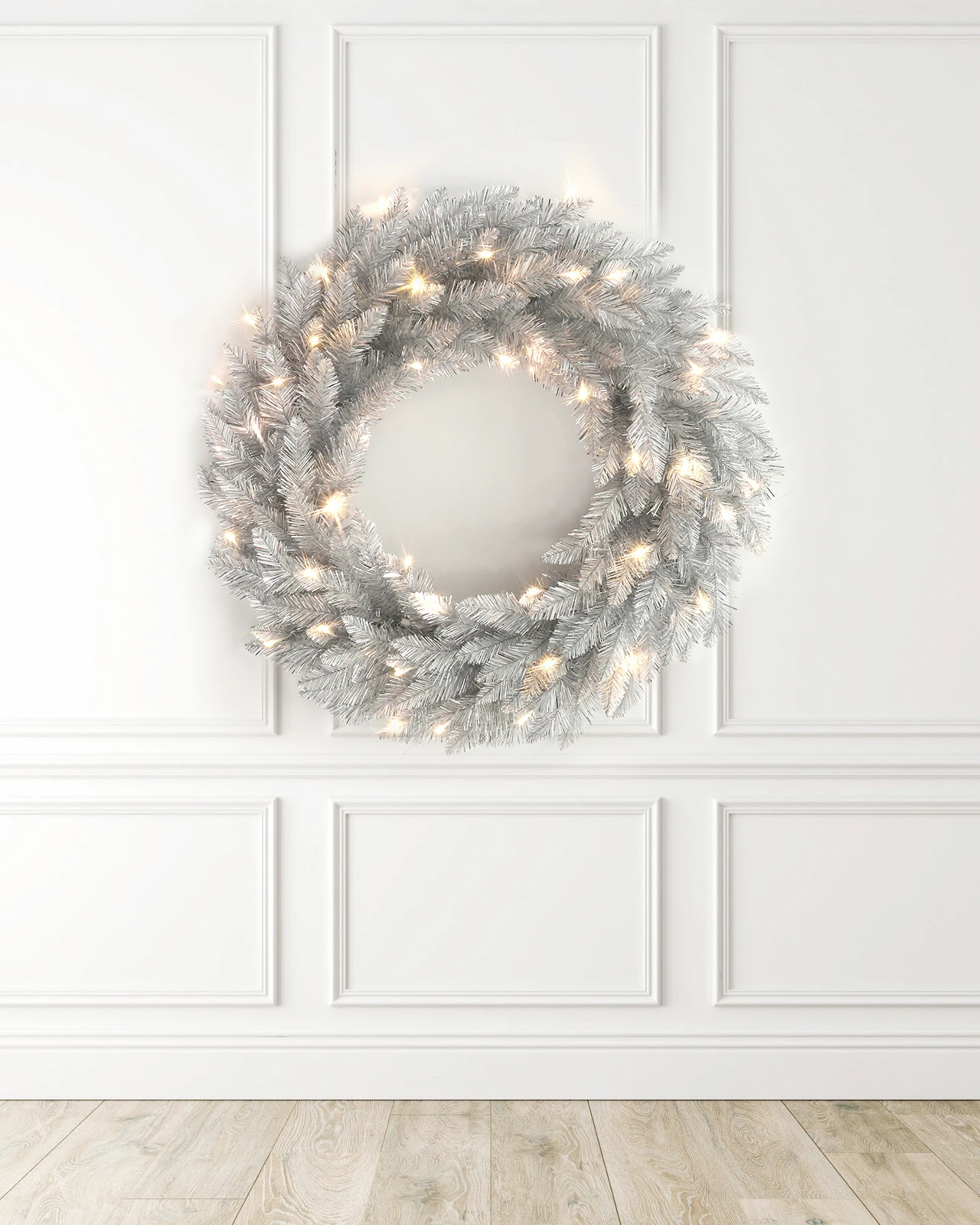 Pre-Lit Silver Tinsel Wreath