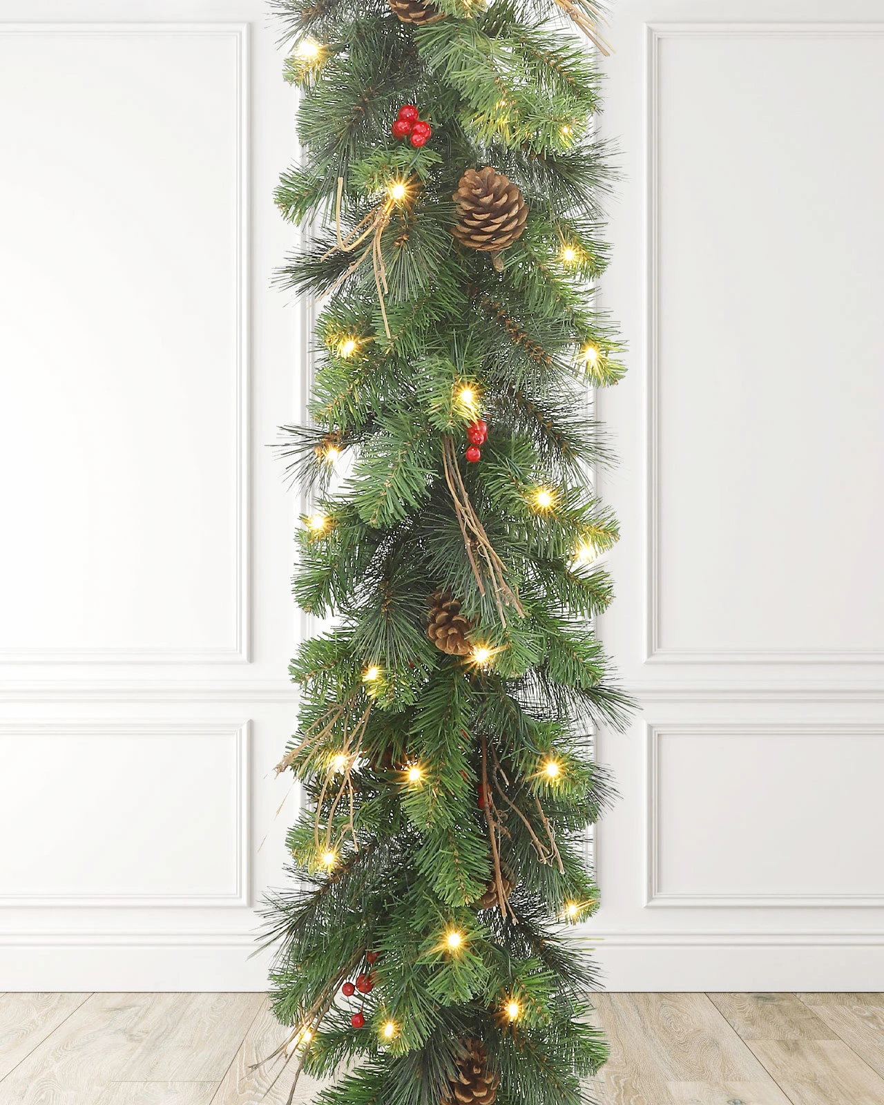 Pre-Lit Green Garland w/ Pinecones& Red Berries