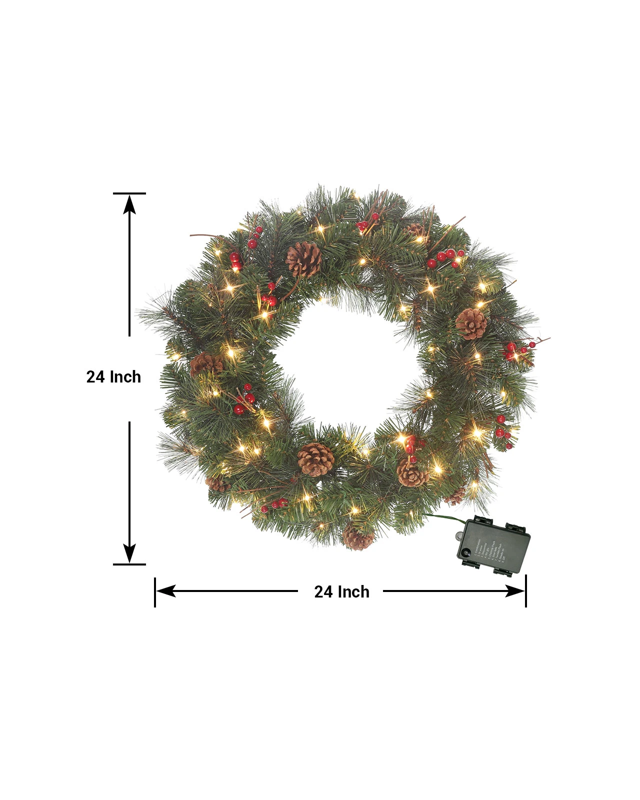 Pre-Lit Green Wreath w/ Pinecones& Red Berries