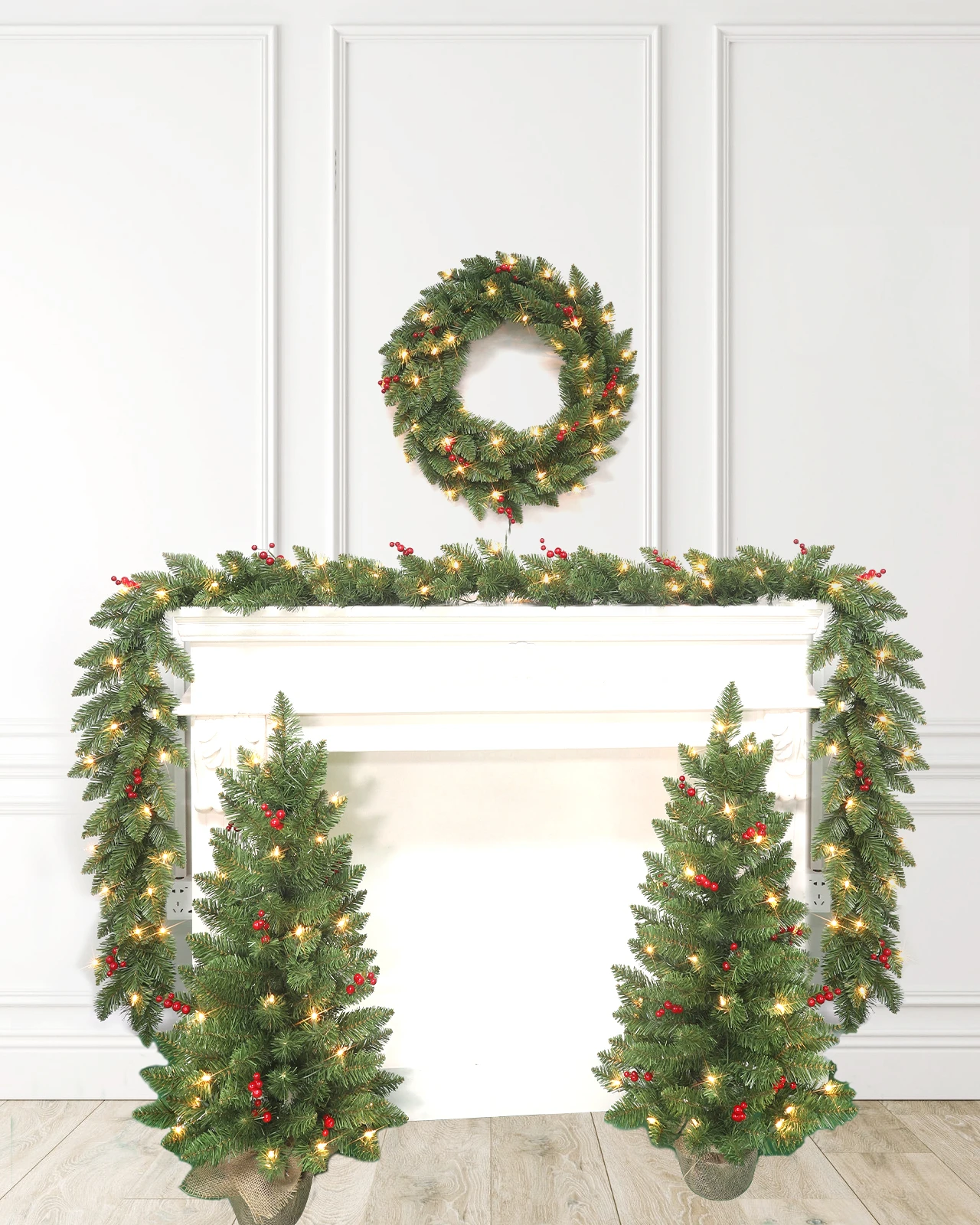 Pre-Lit Green Wreath& Garland& Burlap Trees, 3 In 1, w/Red Berries