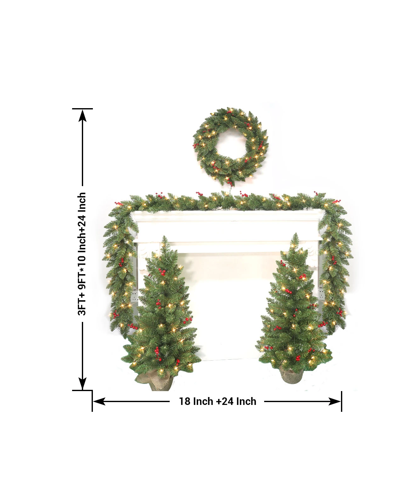Pre-Lit Green Wreath& Garland& Burlap Trees, 3 In 1, w/Red Berries