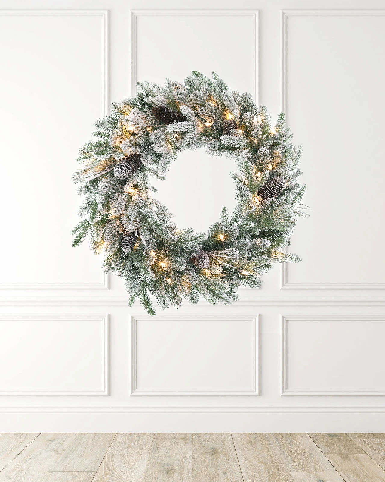 Pre-Lit Flocked Wreath w/Pinecones& Twigs