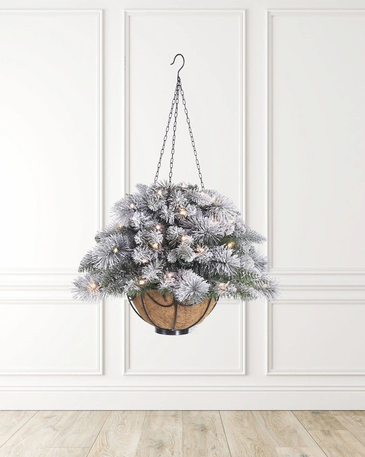 Pre-Lit Flocked Hanging Basket